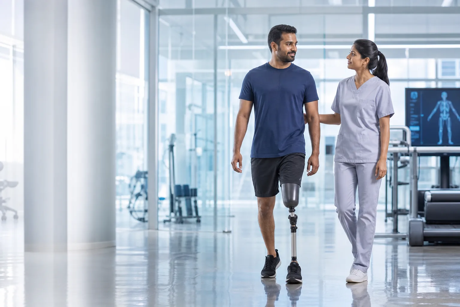 Confident prosthetic user walking with clinician in a premium rehabilitation lab
